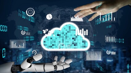 This image portrays a futuristic cloud computing scene featuring a robotic hand interacting with digital data visualizations, emphasizing technology and innovation. Xenic