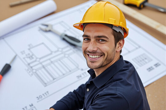 Happy and confident male construction worker, architect, or engineer in a yellow hard hat, smiling at the camera, sitting with blueprints on a workbench in a workshop