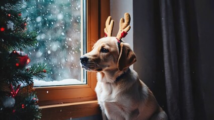 Labrador wearing reindeer antlers sitting by window with Christmas tree and snow