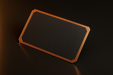 Luxury black business card with copper metallic frame on dark background. Elegant mockup for premium branding, identity, or invitation.
