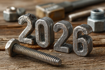 Textured cast iron numbers 2026 with bolt on rustic wooden surface