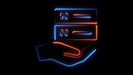 Neon hand holding abstract data servers glowing blue and orange on black background digital technology concept - Powered by Adobe