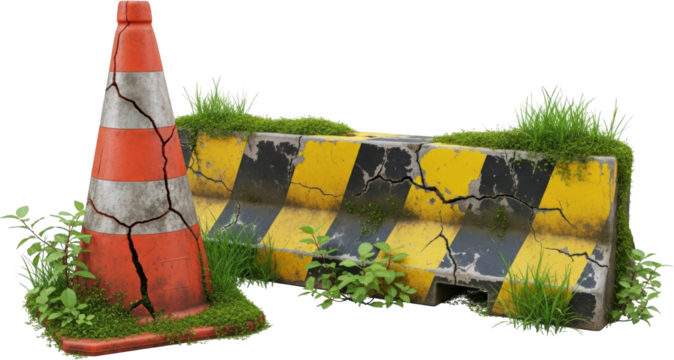 Weathered orange and white traffic cone and yellow and black striped concrete barrier overgrown with green grass and moss showing signs of decay construction barrier