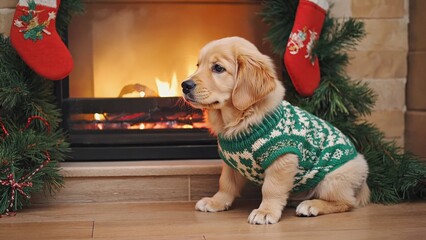 Small Labrador puppy wearing green and white knitted sweater sitting by lit fireplace with stockings