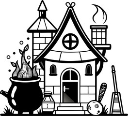 Witch’s house with cauldron, broom, and potions line art vector line art vector art black and white 