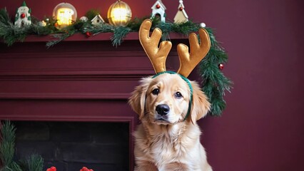 Golden Retriever wearing reindeer antlers sitting by decorated fireplace with pine garlands