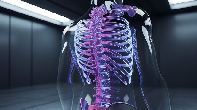 Human body transparent anatomy illustration of skeleton and spine structure