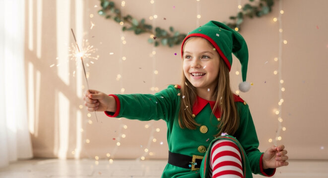 Happy girl in a Christmas elf costume holding a lit sparkler. Smiling child celebrating the winter holidays with confetti and festive lights