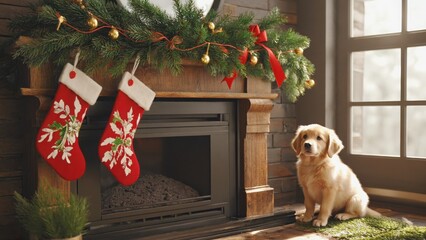 Golden Retriever puppy sitting on green rug by decorated wooden fireplace with Christmas decorations