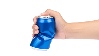 Strong Hand Squeeze and Crush Blue Canned Drink, For recycling Isolated on Transparent Background