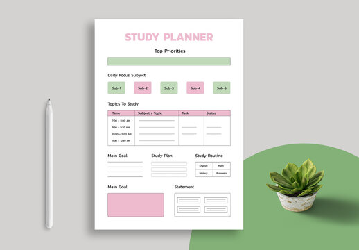 Editable Study Planner Template Layout