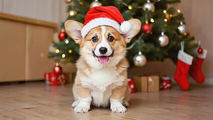 Corgi puppy wearing red Santa hat sitting on wooden floor by decorated Christmas tree