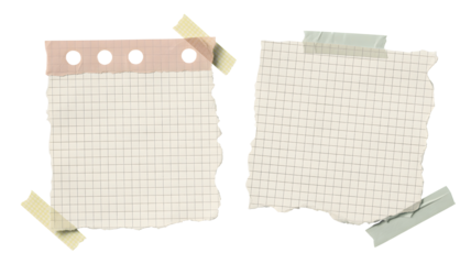 Two torn pieces of paper with holes and patterns isolated on transparent background