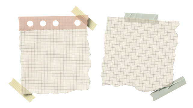 Two torn pieces of paper with holes and patterns isolated on transparent background