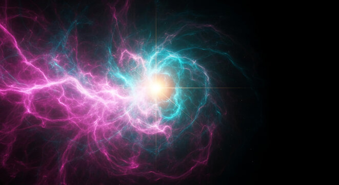 Image of swirling nebula cloud in violet and cyan, surrounding a bright central light, suggesting cosmic energy, exploration, and the vastness of space - Powered by Adobe