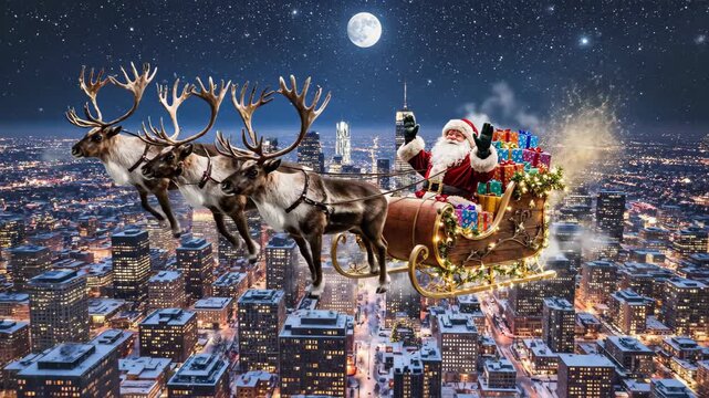 Santa Claus Reindeer Flying Over a Snowy Night City