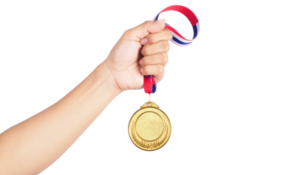 Hand Holding the Champion's Gold Medal with Red String Isolated on Transparent Background