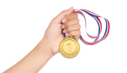 Hand Holding the Champion's Gold Medal Isolated on Transparent Background