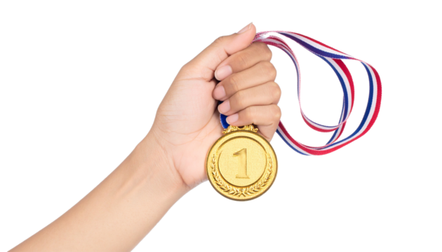 Hand Holding the Champion's Gold Medal Isolated on Transparent Background