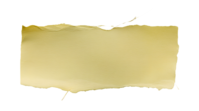 Torn yellow paper fragment with rough edges isolated on transparent background