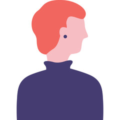Illustration of a Woman from the Back With Coral Pink Hair Wearing a Deep Purple Turtleneck and a Pink Earring on a White Background