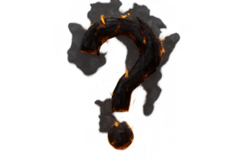 Fiery question mark smoking and glowing, illustrating concepts of uncertainty, problem-solving, and the unknown. Transparent background
