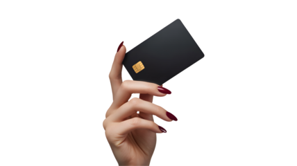 Elegant hand holding a black credit card isolated on transparent background