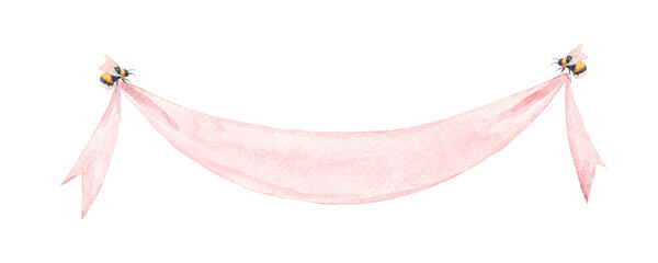 Watercolor illustration with bees holding a pink ribbon. Cute hand-painted design for wedding decor, invitations, labels, baby shower cards and spring floral compositions.