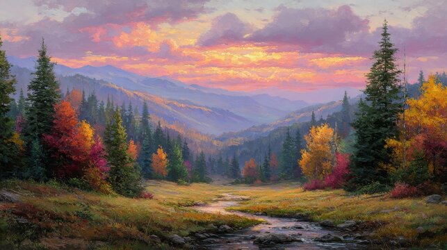 Autumnal Mountain Vista: A majestic view of a valley in fall, mountains and forest, illuminated by a vibrant sunset, the scene paints a picture of nature's stunning beauty and peace.
