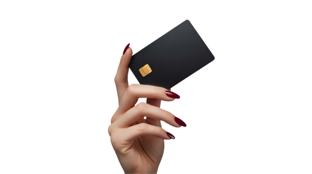 Elegant hand holding a black credit card isolated on transparent background