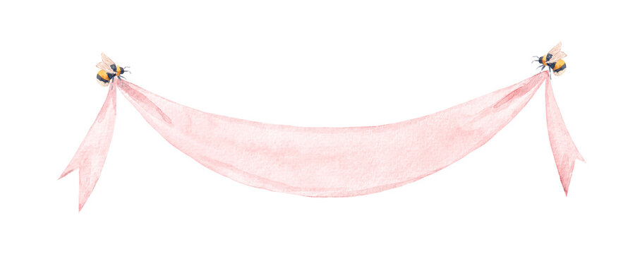 Watercolor illustration with bees holding a pink ribbon. Cute hand-painted design for wedding decor, invitations, labels, baby shower cards and spring floral compositions.