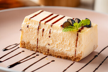 Creamy cheesecake slice with chocolate drizzle, fresh grapes and mint served on a pink plate