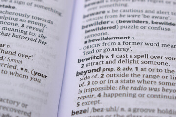 Obraz premium English Definition Dictionary Page Close Up Of Printed Word Of -beyond