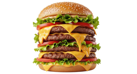 Delicious towering cheeseburger with fresh ingredients.