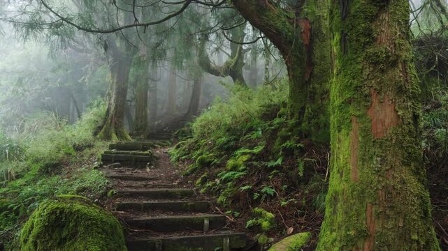 Misty forest path with wooden steps