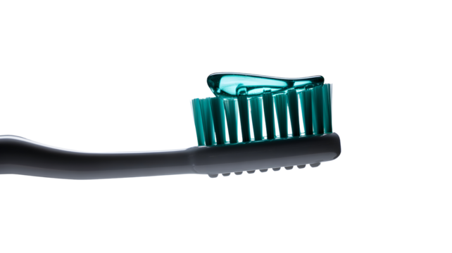 Close up of a toothbrush with blue toothpaste isolated on transparent background
