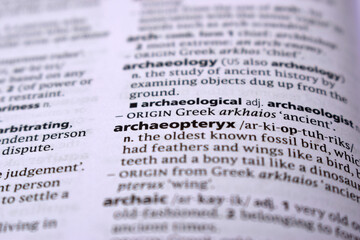 English Definition Dictionary Page Close Up Of Printed Word Of -archaeopteryx