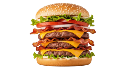 Delicious towering hamburger with multiple layers of ingredients.