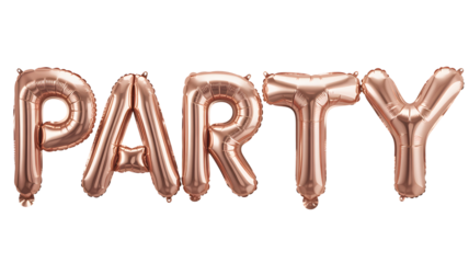 Rose gold foil balloons spell out the word party isolated on transparent background