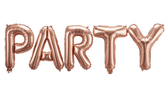 Rose gold foil balloons spell out the word party isolated on transparent background