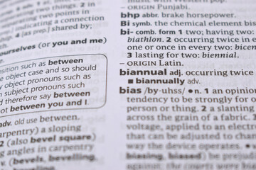 Obraz premium Close Up Of English Dictionary Page With Word - biannual