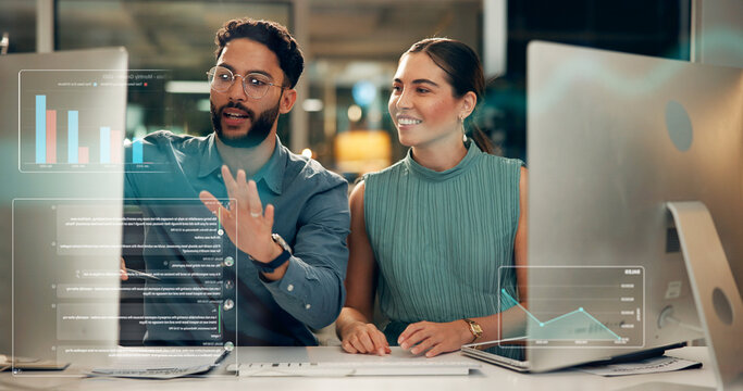 Stock exchange, talk or business people with computer for data analysis, late market research or teamwork. Investment growth, pc or brokers with overlay for trade choice, charts or graphs at night