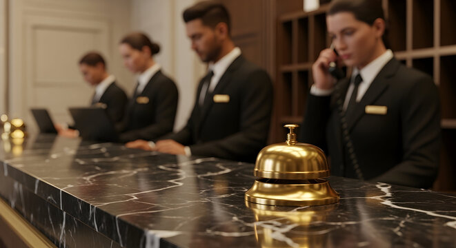 Golden service bell on a luxurious marble counter at a premium hotel reception, with attentive staff in uniform providing professional assistance.