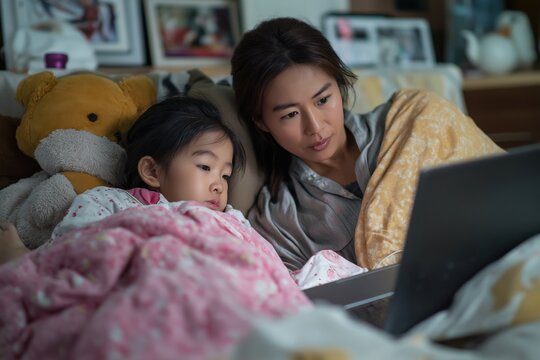 Asian Mother and Child Having a Telemedicine Call from Bed