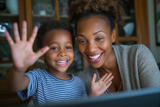 African American Mother and Son Waving During a Telehealth Video Call