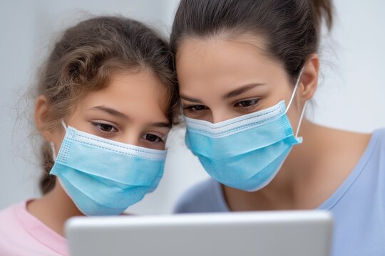 Mother and Daughter in Face Masks Focused on a Telehealth Call
