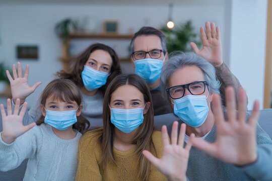 Family in Face Masks Waving During a Telehealth Video Call