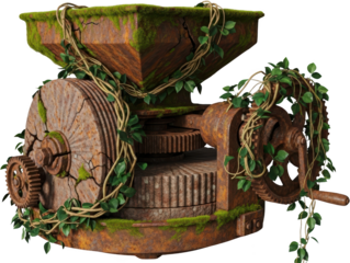 Abandoned vintage millstone grinder heavily rusted cracked stone covered with moss and green vines showing gears and crank handle antique machinery agriculture