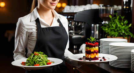 Professional hotel waitress serving delicious gourmet dishes: fresh salad and vibrant fruit appetizer in an elegant restaurant setting.