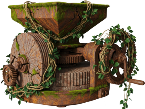 Abandoned vintage millstone grinder heavily rusted cracked stone covered with moss and green vines showing gears and crank handle antique machinery agriculture